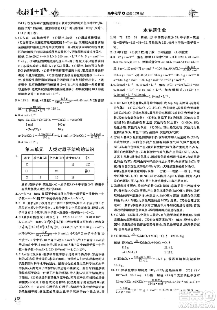 2018教材1+1蘇教版高中化學必修1參考答案