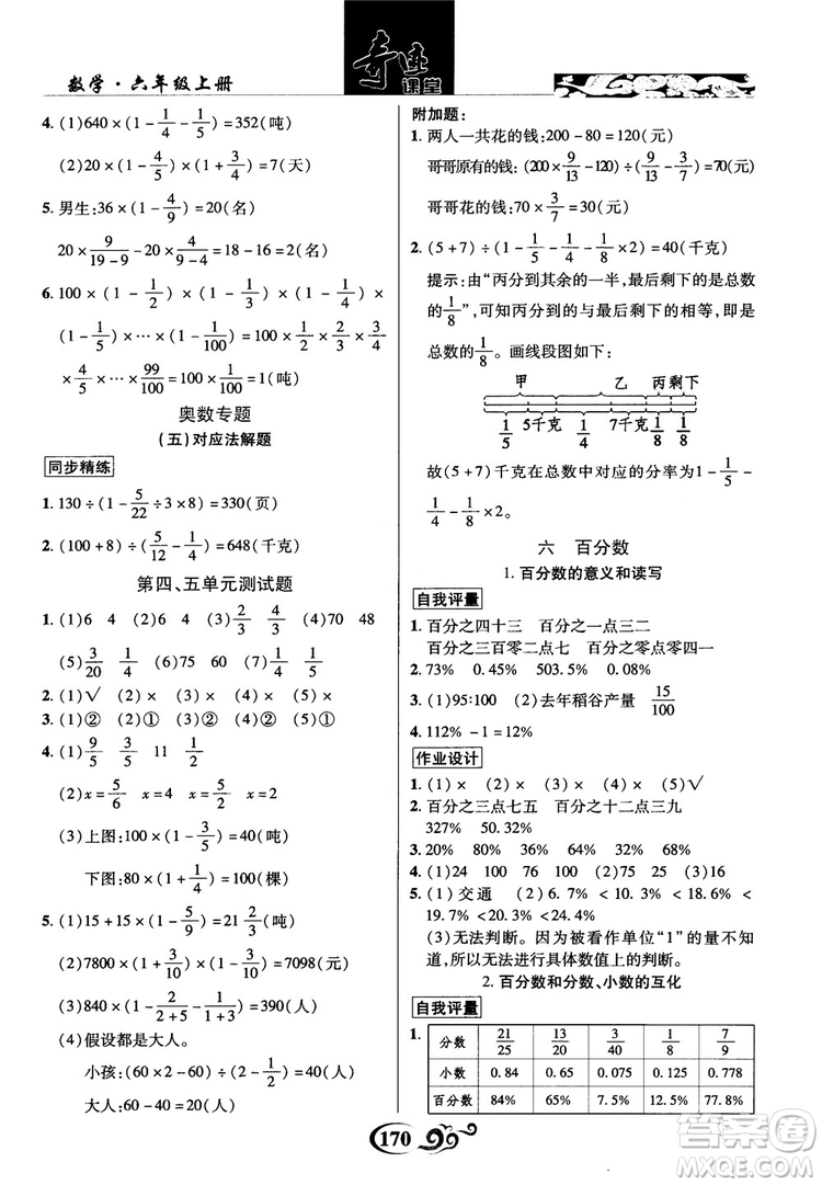 2018秋奇跡課堂數(shù)學(xué)六年級上冊蘇教版SJ參考答案