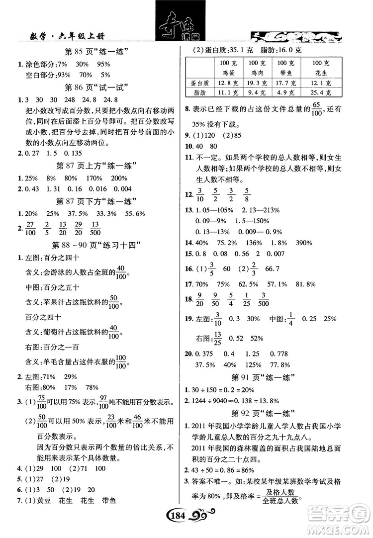 2018秋奇跡課堂數(shù)學(xué)六年級上冊蘇教版SJ參考答案