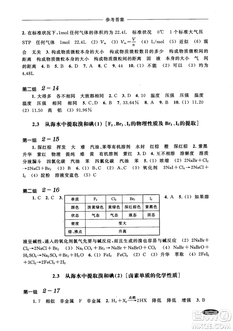 2018年高中五星級同步題組訓練與測評高一年級第一學期化學參考答案