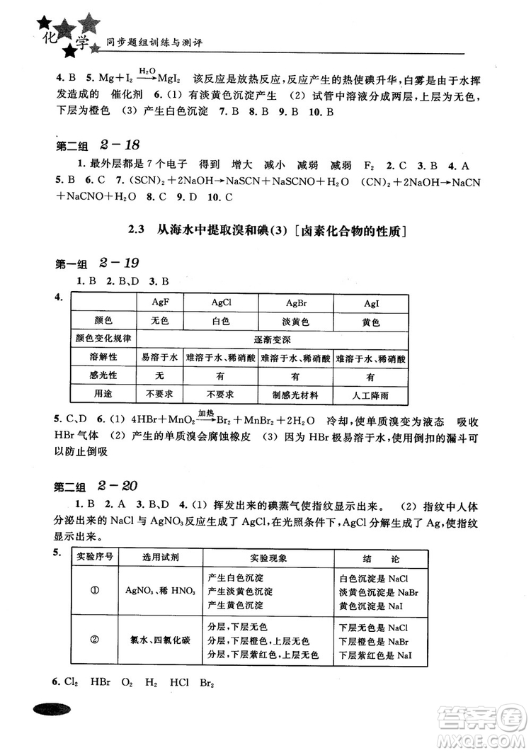 2018年高中五星級同步題組訓練與測評高一年級第一學期化學參考答案