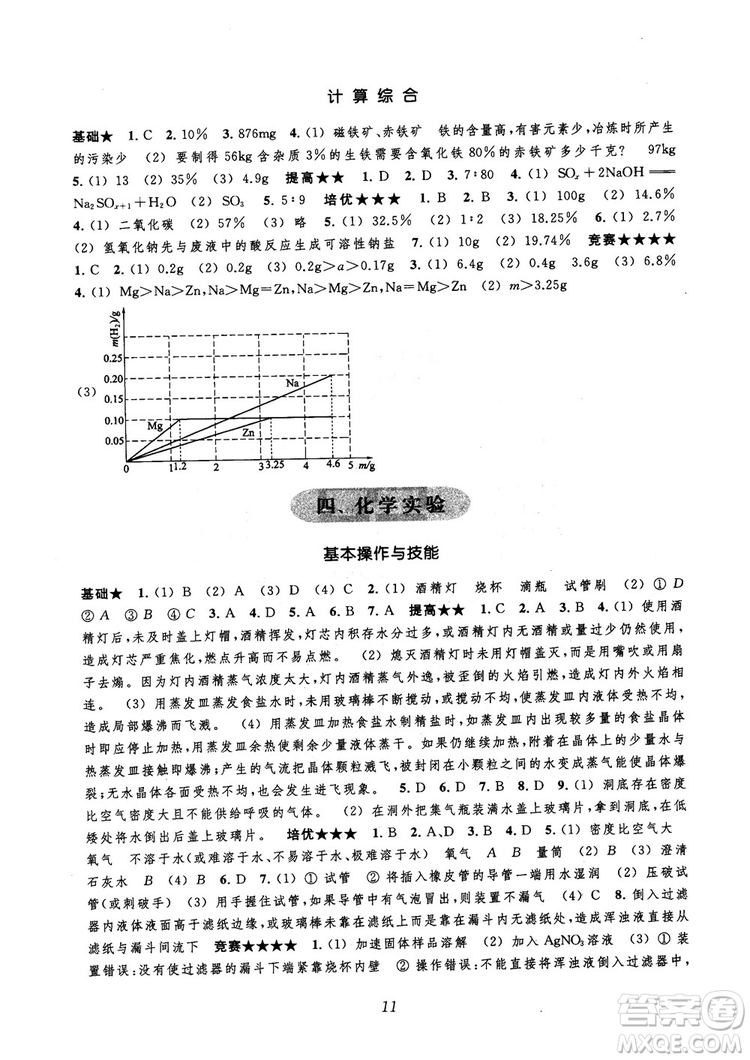 2018年常春藤初中四星級(jí)題庫化學(xué)參考答案