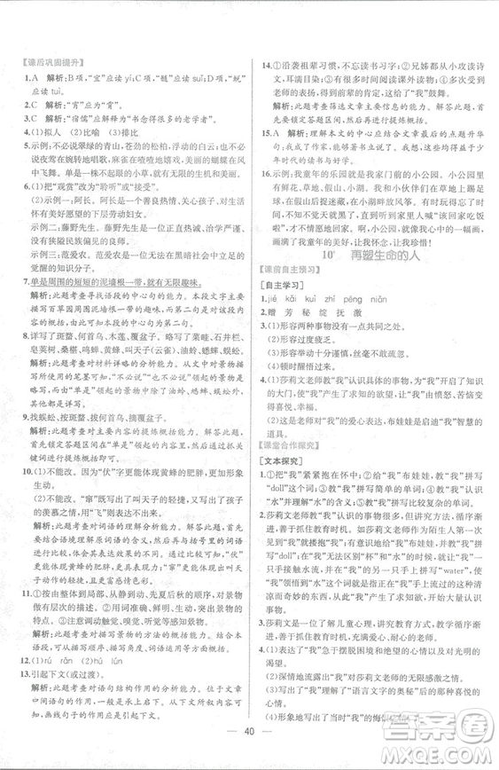 2018人教版七年級上冊語文課時練同步學歷案答案