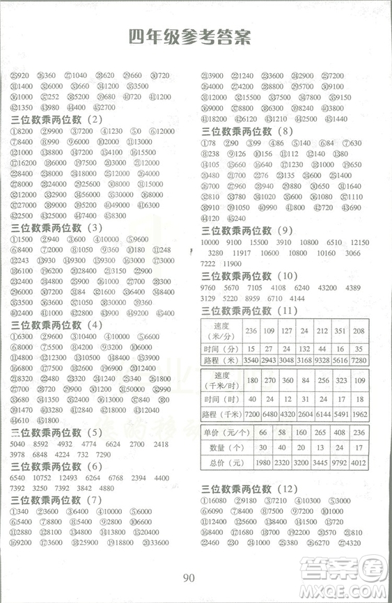 2018秋每日10分鐘口算心算速算天天練四年級(jí)上冊(cè)人教版答案