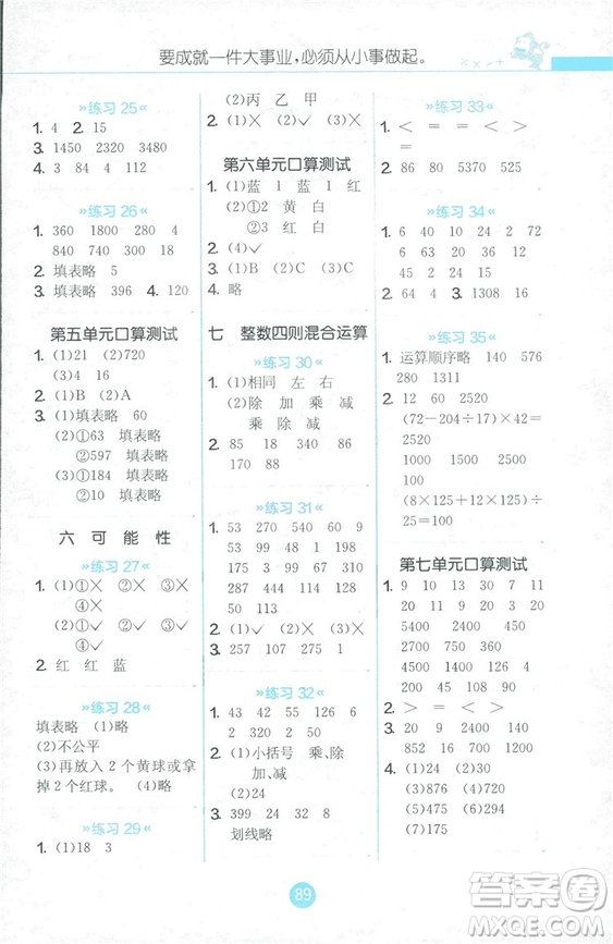 2018秋小學(xué)數(shù)學(xué)口算心算速算天天練四年級上冊JSJY江蘇版答案