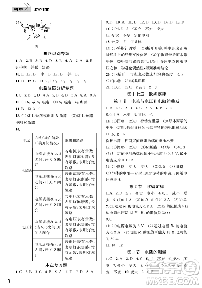 武漢出版社2018智慧學(xué)習(xí)課堂作業(yè)人教版9年級(jí)物理上冊(cè)答案