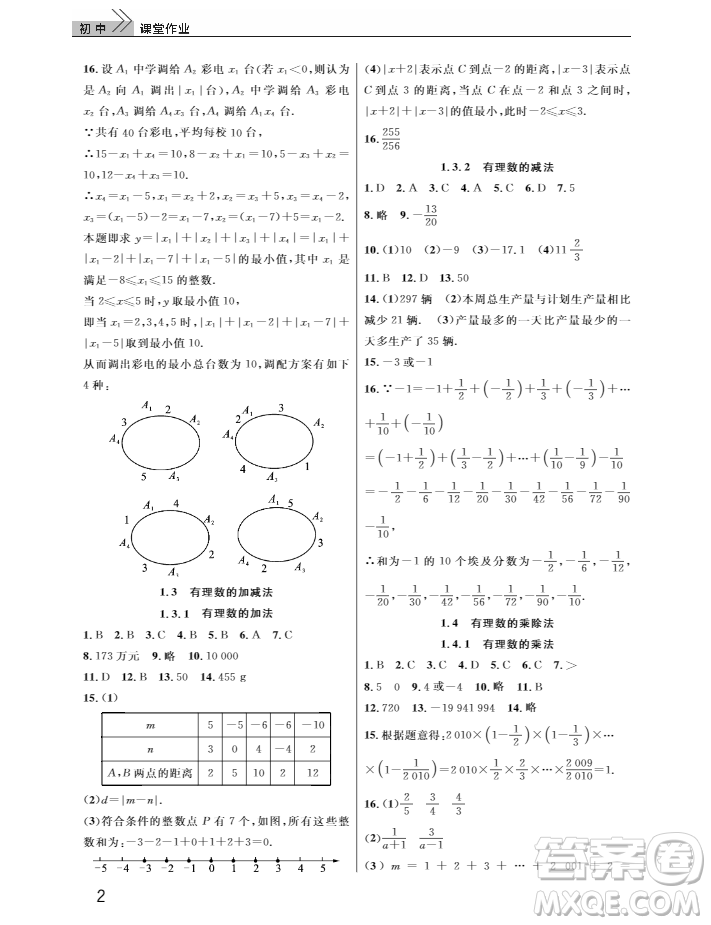 2018武漢出版社智慧學習課堂作業(yè)數學七年級上冊答案