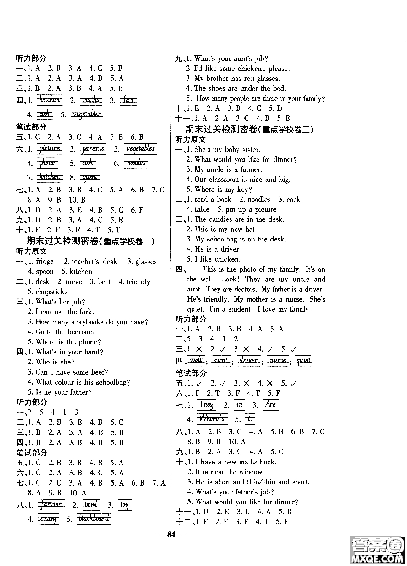 2018秋陽(yáng)光同學(xué)一線名師全優(yōu)好卷四年級(jí)上冊(cè)英語(yǔ)人教PEP版參考答案