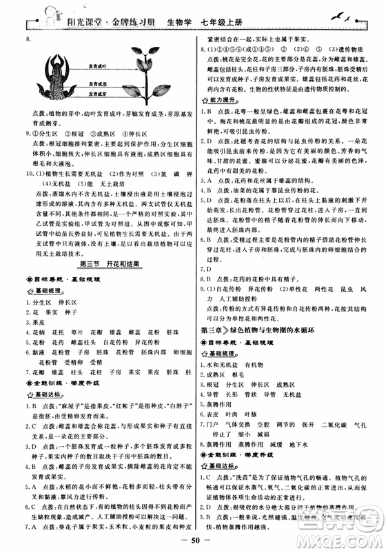 2018年陽光課堂金牌練習(xí)冊生物學(xué)七年級上冊人教版參考答案