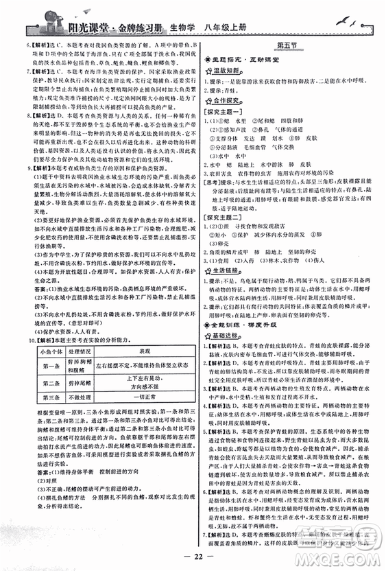 2018人教版陽光課堂金牌練習(xí)冊八年級生物上冊參考答案