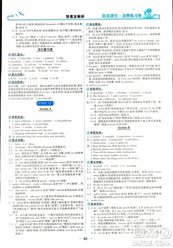 2018人教版陽光課堂金牌練習(xí)冊九年級英語全一冊參考答案