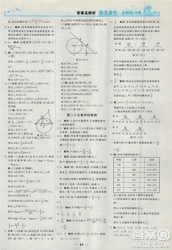 2018人教版陽光課堂金牌練習(xí)冊九年級數(shù)學(xué)上冊參考答案