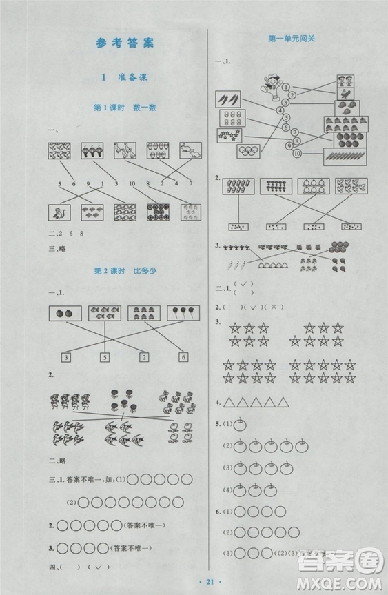 2018秋優(yōu)化設(shè)計(jì)小學(xué)一年級(jí)上冊(cè)數(shù)學(xué)練習(xí)福建專版人教版答案