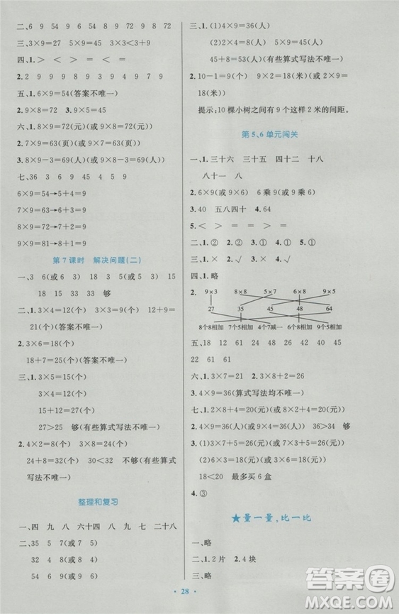 2018年最新版小學(xué)同步測(cè)控優(yōu)化設(shè)計(jì)二年級(jí)數(shù)學(xué)上冊(cè)人教版答案