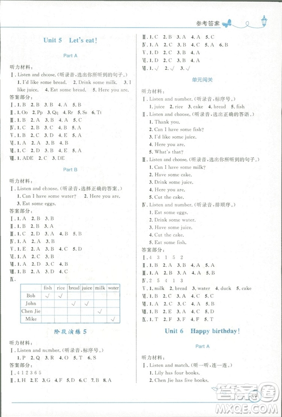 2018小學(xué)同步測(cè)控優(yōu)化設(shè)計(jì)三年級(jí)上冊(cè)英語PEP人教版參考答案