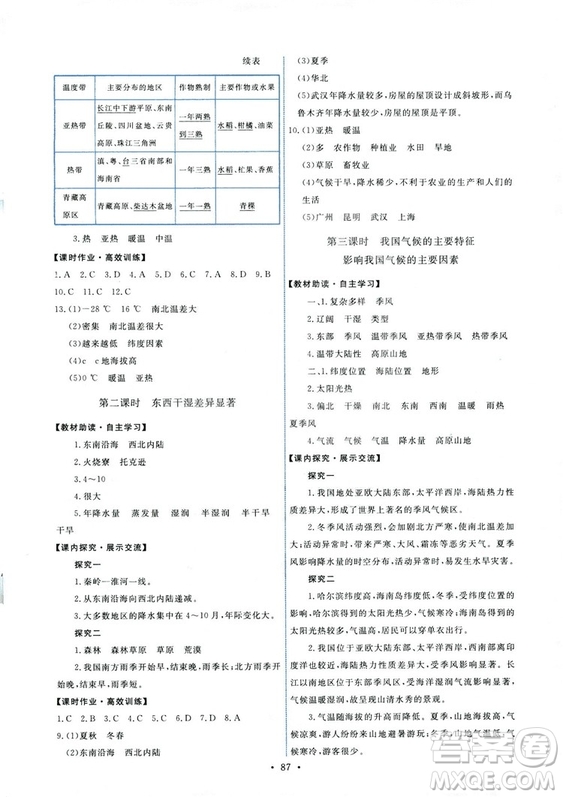 2018秋八年級(jí)上冊(cè)地理能力培養(yǎng)與測(cè)試人教版參考答案