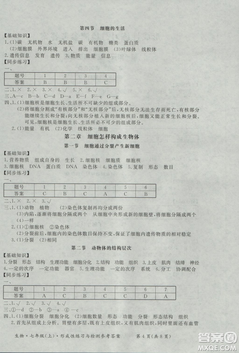 2018年形成性練習(xí)與檢測(cè)七年級(jí)上生物參考答案