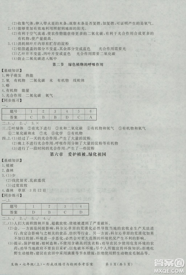 2018年形成性練習(xí)與檢測(cè)七年級(jí)上生物參考答案