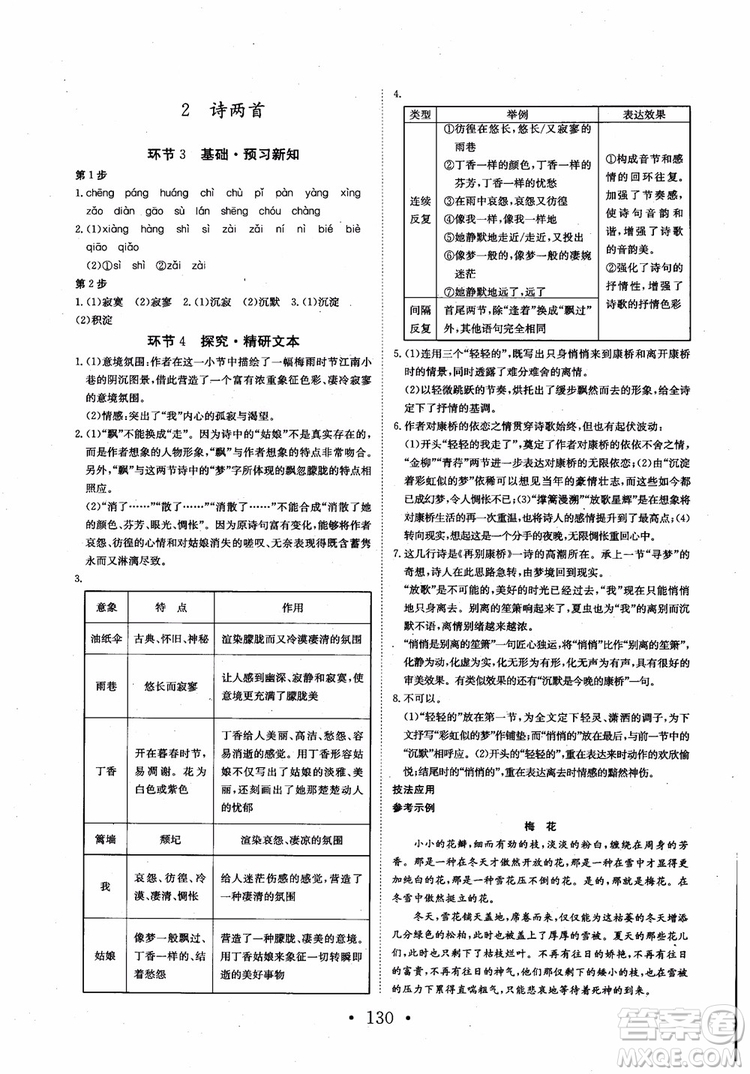 2018長(zhǎng)江作業(yè)本同步練習(xí)冊(cè)語(yǔ)文必修1人教版參考答案