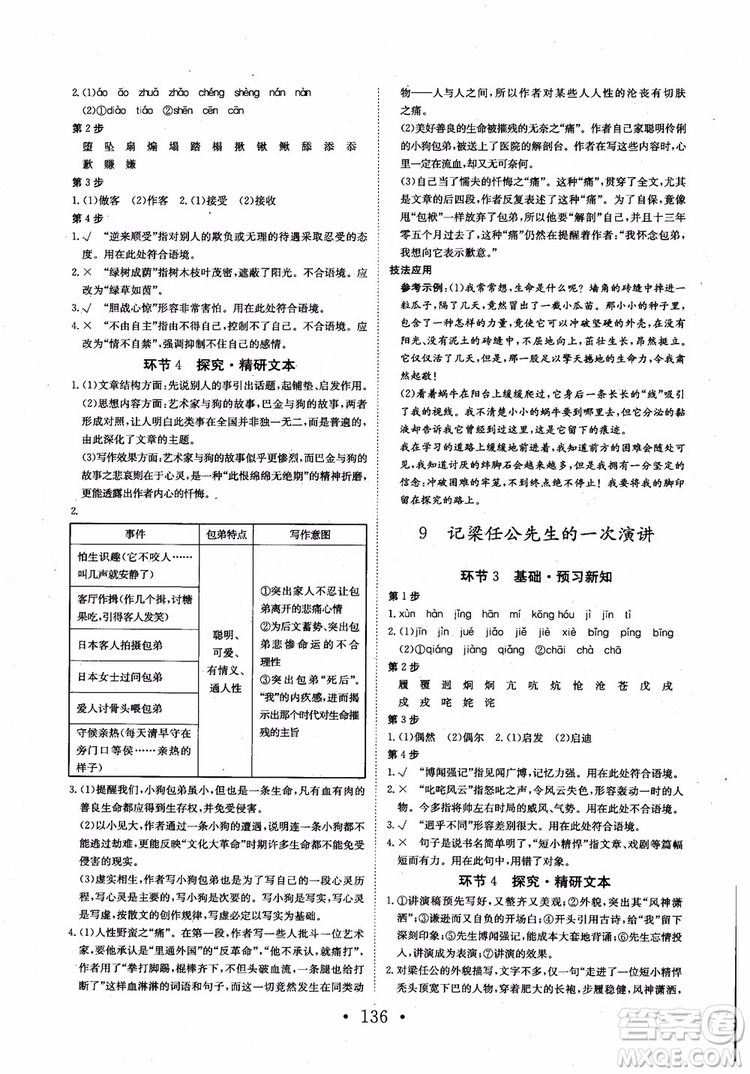 2018長(zhǎng)江作業(yè)本同步練習(xí)冊(cè)語(yǔ)文必修1人教版參考答案