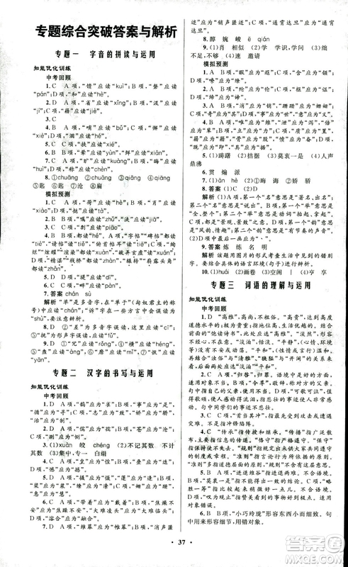 初中總復(fù)習(xí)優(yōu)化設(shè)計(jì)2018人教版語文參考答案