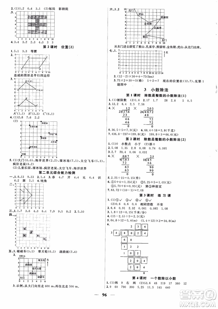 2018秋陽光同學課時優(yōu)化作業(yè)五年級上冊數(shù)學人教版RJ參考答案