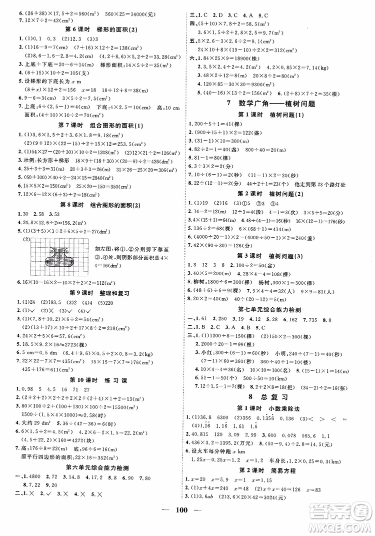 2018秋陽光同學課時優(yōu)化作業(yè)五年級上冊數(shù)學人教版RJ參考答案