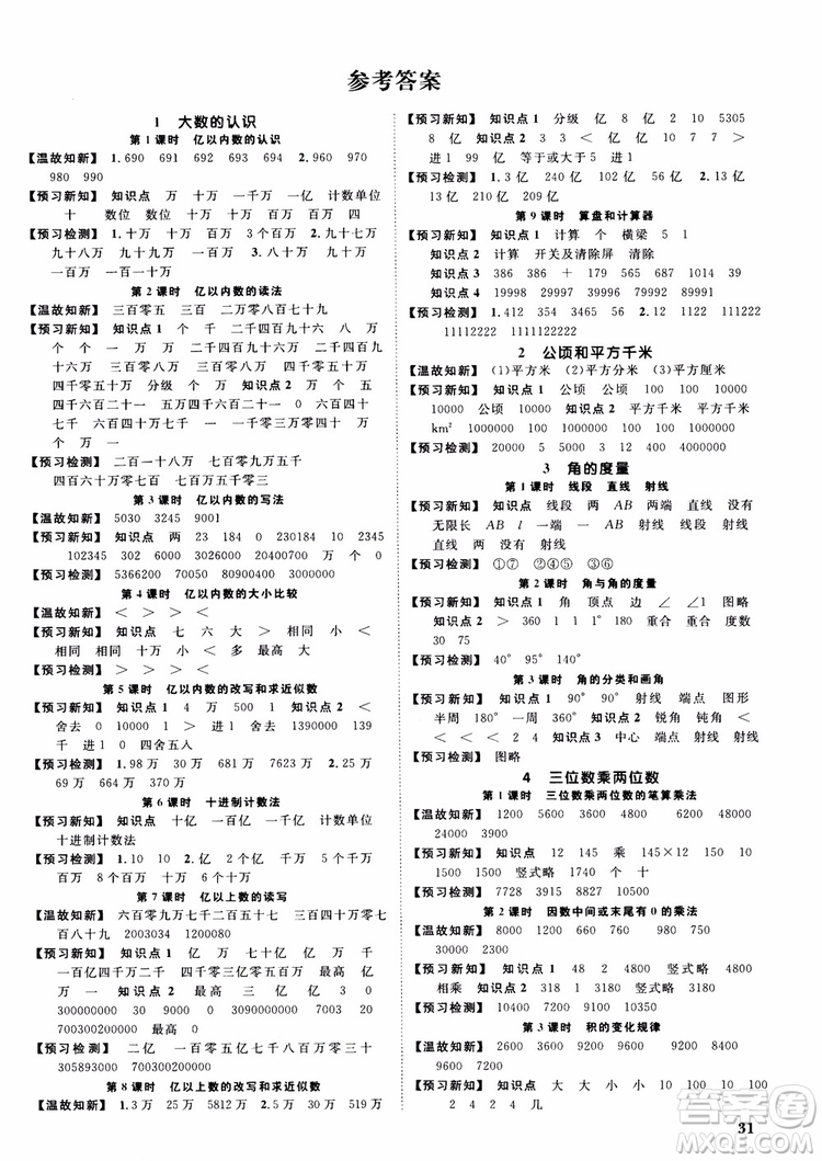 2018秋陽(yáng)光同學(xué)四年級(jí)上冊(cè)數(shù)學(xué)課時(shí)優(yōu)化作業(yè)人教版RJ參考答案