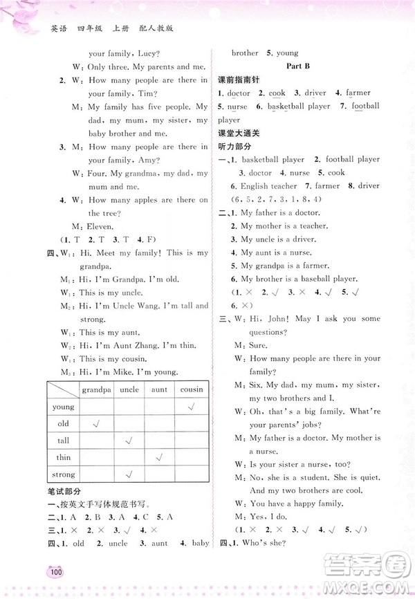 2018人教版新課程學(xué)習(xí)與測評(píng)英語四年級(jí)上冊參考答案