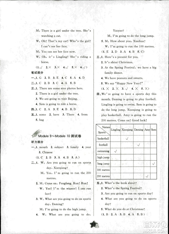 2018年小學(xué)新課程學(xué)習(xí)與測(cè)評(píng)單元雙測(cè)英語(yǔ)四年級(jí)上冊(cè)B版外研版答案