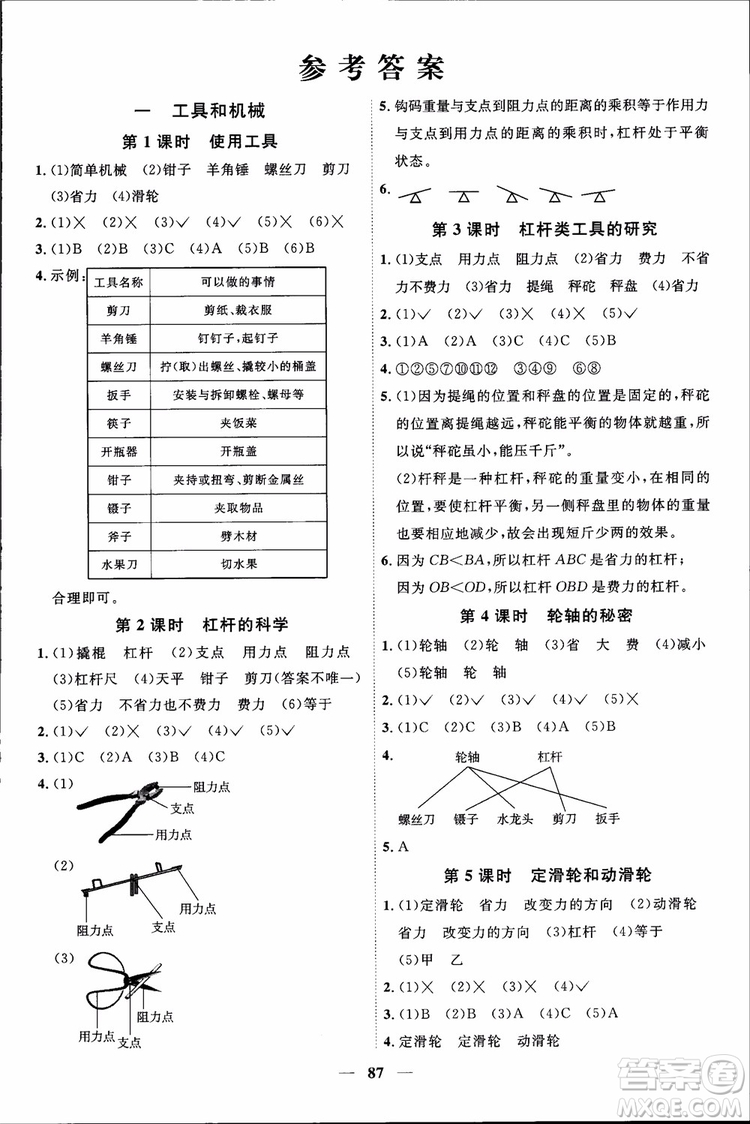 2018秋陽光同學課時優(yōu)化作業(yè)六年級上冊科學教科版JK參考答案