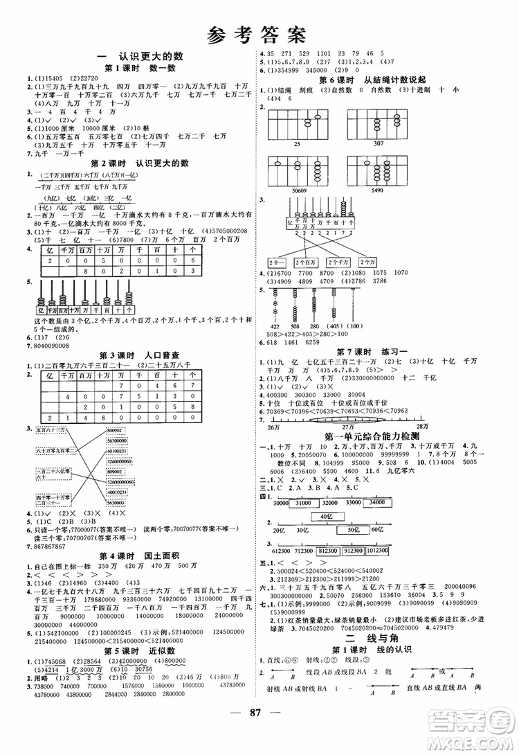 2018新版陽光同學(xué)四年級上冊數(shù)學(xué)課時優(yōu)化作業(yè)BS北師大版參考答案