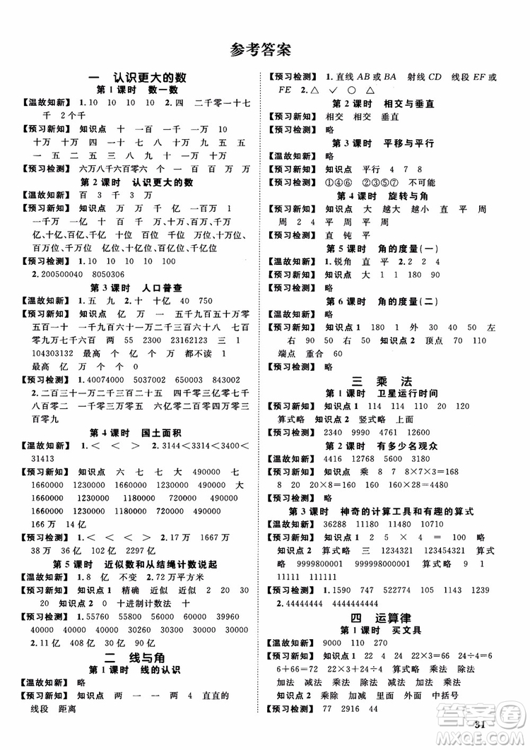 2018新版陽光同學(xué)四年級上冊數(shù)學(xué)課時優(yōu)化作業(yè)BS北師大版參考答案