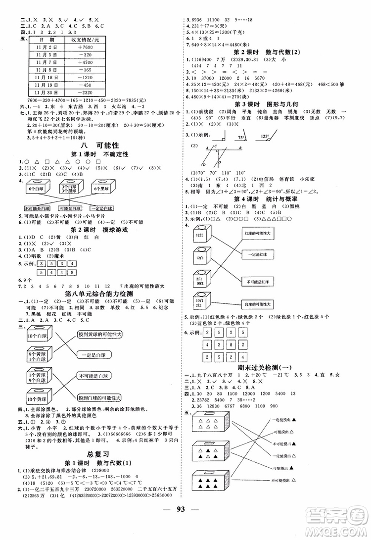 2018新版陽光同學(xué)四年級上冊數(shù)學(xué)課時優(yōu)化作業(yè)BS北師大版參考答案