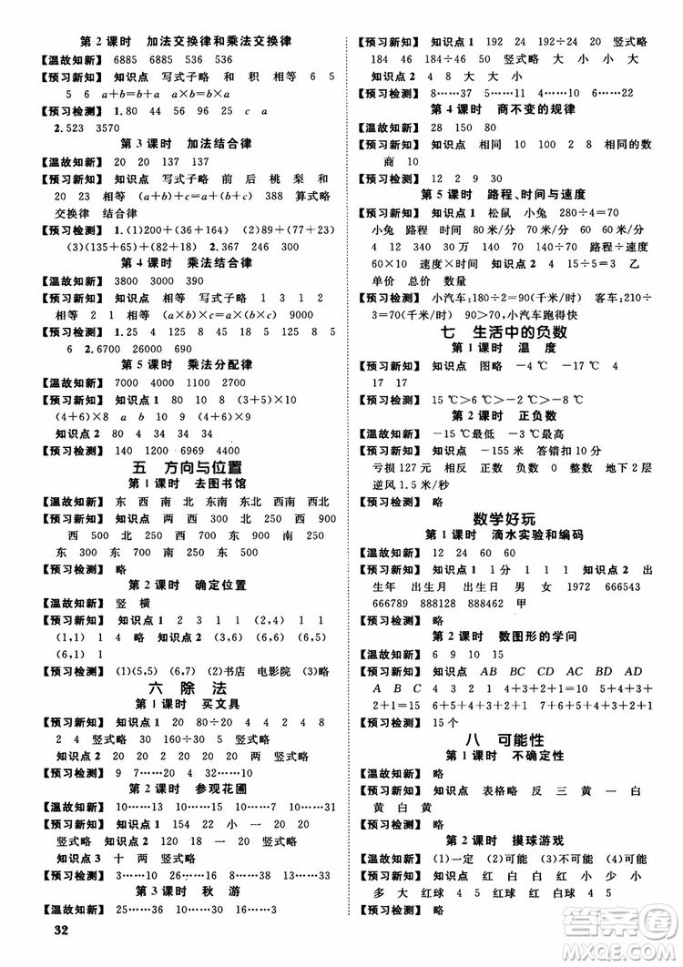 2018新版陽光同學(xué)四年級上冊數(shù)學(xué)課時優(yōu)化作業(yè)BS北師大版參考答案