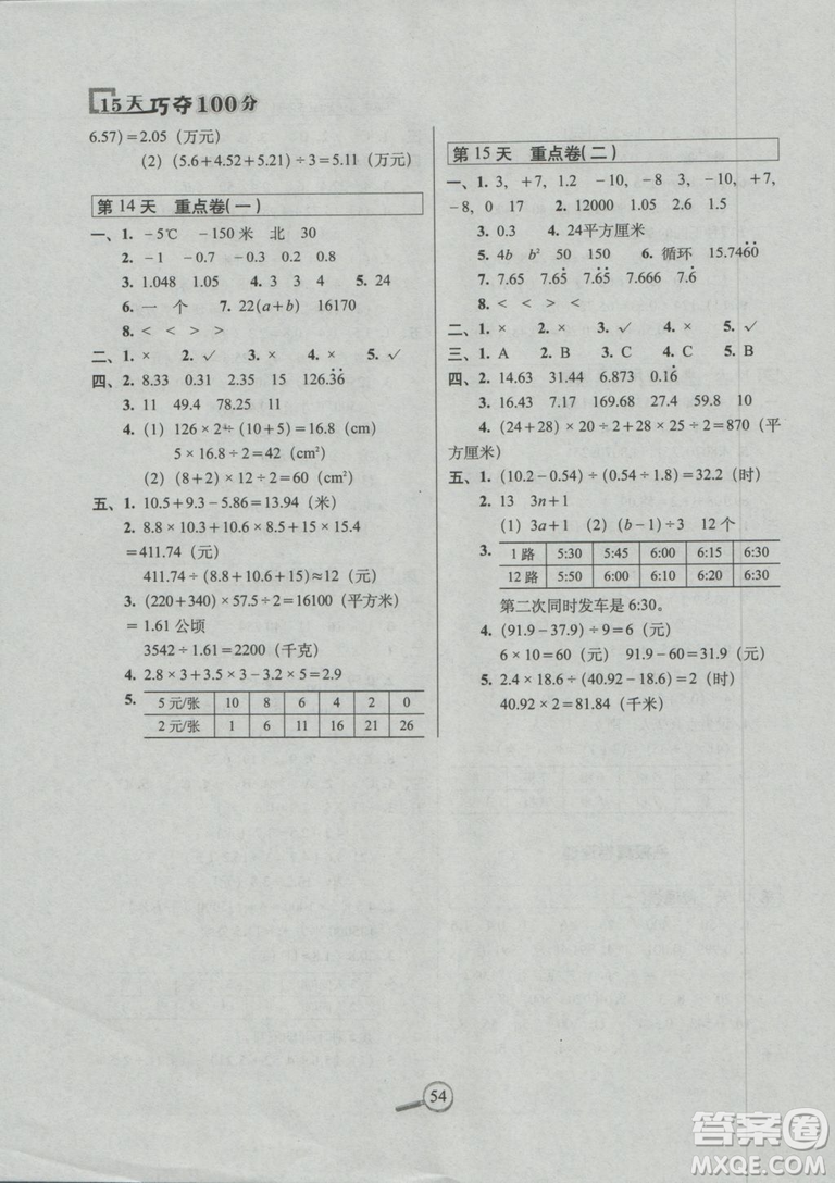 2018秋蘇教版SJ15天巧奪100分五年級(jí)上冊(cè)數(shù)學(xué)參考答案