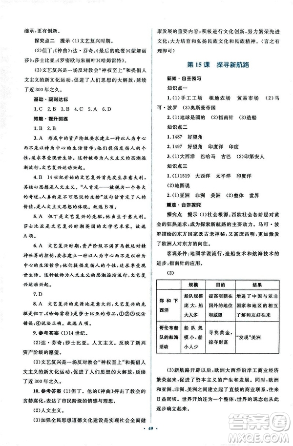 2018新課標(biāo)人教版初中同步學(xué)習(xí)目標(biāo)與檢測九年級歷史全一冊參考答案