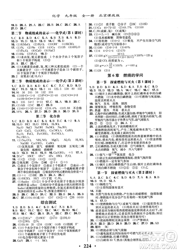 2018版新課改課堂作業(yè)化學(xué)九年級全一冊北京課改版答案