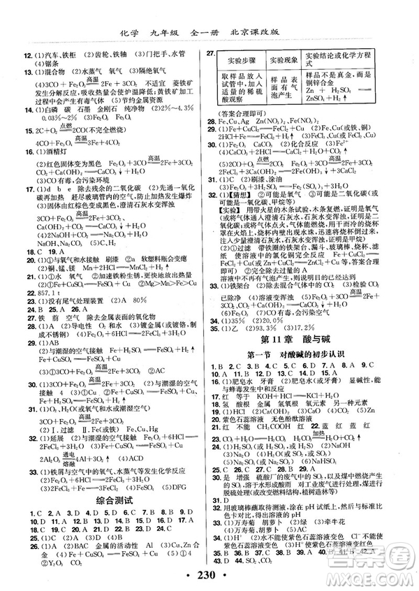 2018版新課改課堂作業(yè)化學(xué)九年級全一冊北京課改版答案