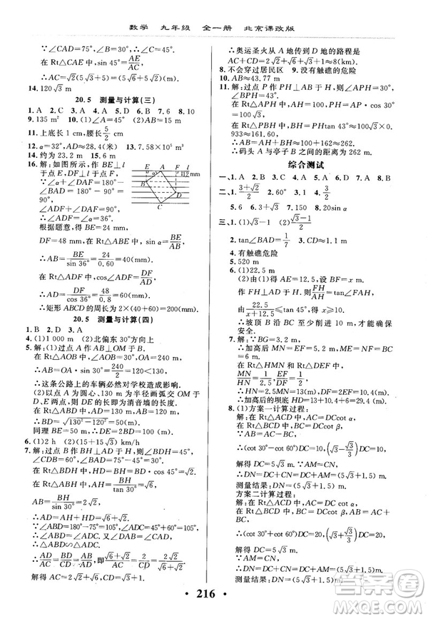 2018版新課改課堂作業(yè)九年級(jí)數(shù)學(xué)全一冊(cè)北京課改版參考答案