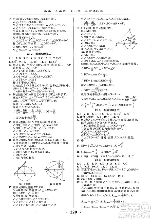 2018版新課改課堂作業(yè)九年級(jí)數(shù)學(xué)全一冊(cè)北京課改版參考答案