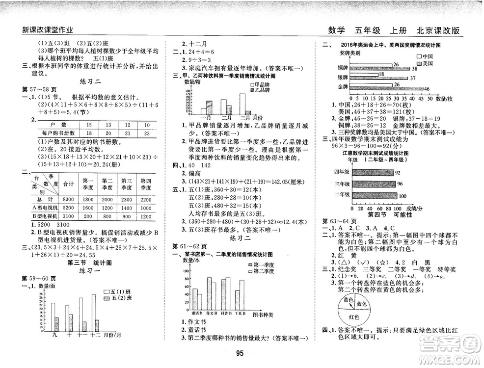 2018版新課改課堂作業(yè)五年級上冊數(shù)學(xué)北師課改版參考答案