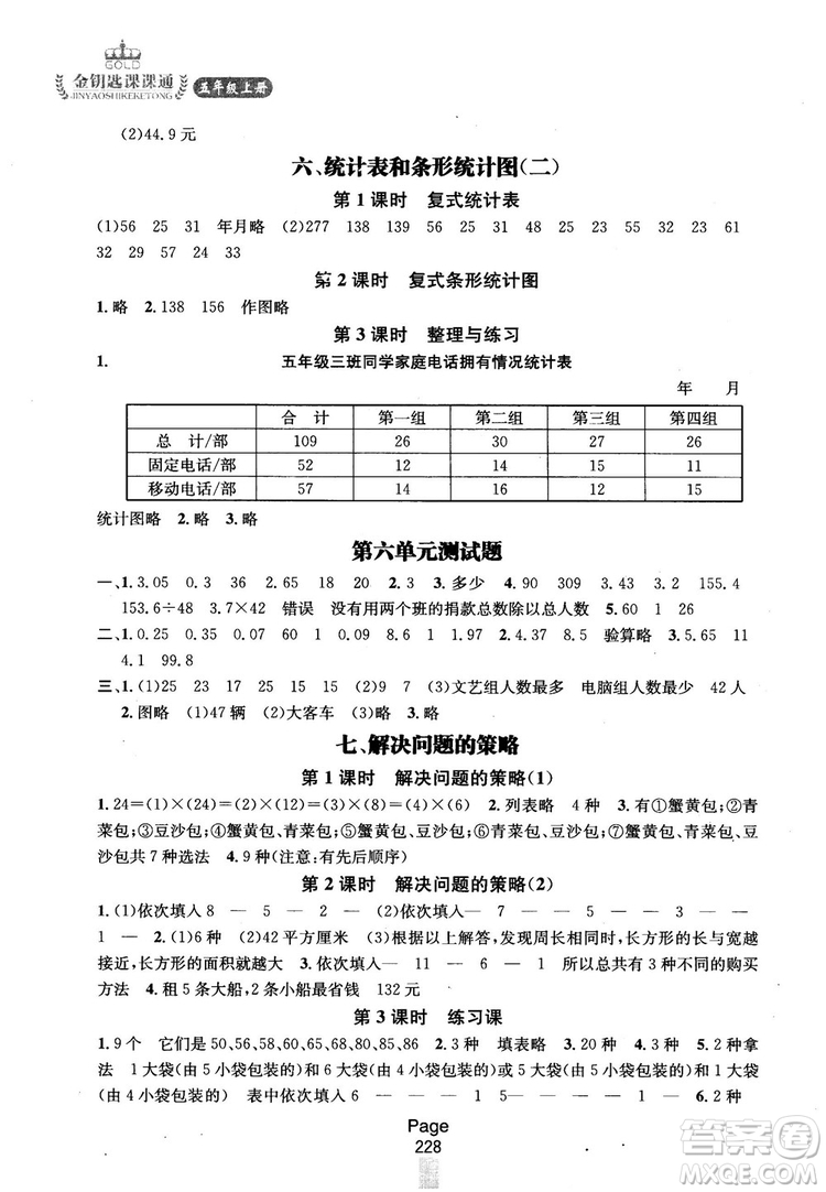 2018秋金鑰匙課課通5年級上冊數(shù)學江蘇版參考答案