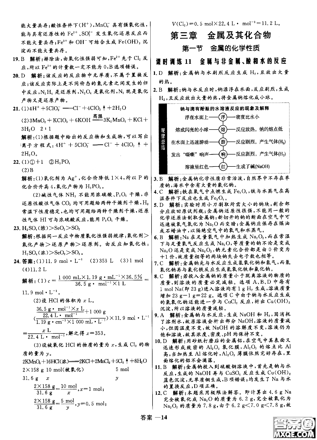 2018全新修訂高中同步測控優(yōu)化訓(xùn)練人教版化學(xué)必修1參考答案