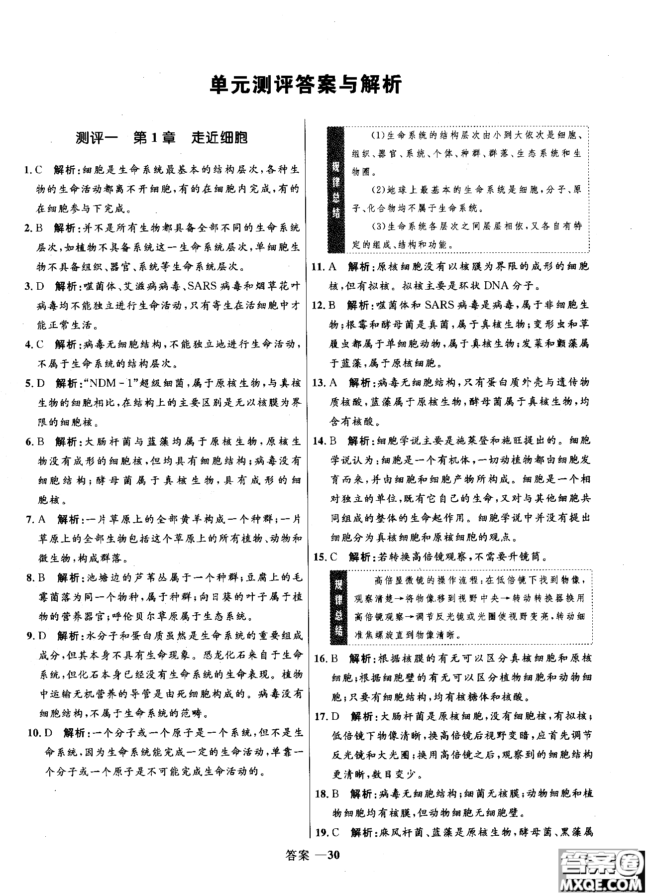 2018高中同步測控優(yōu)化訓(xùn)練生物必修1人教版RJ參考答案