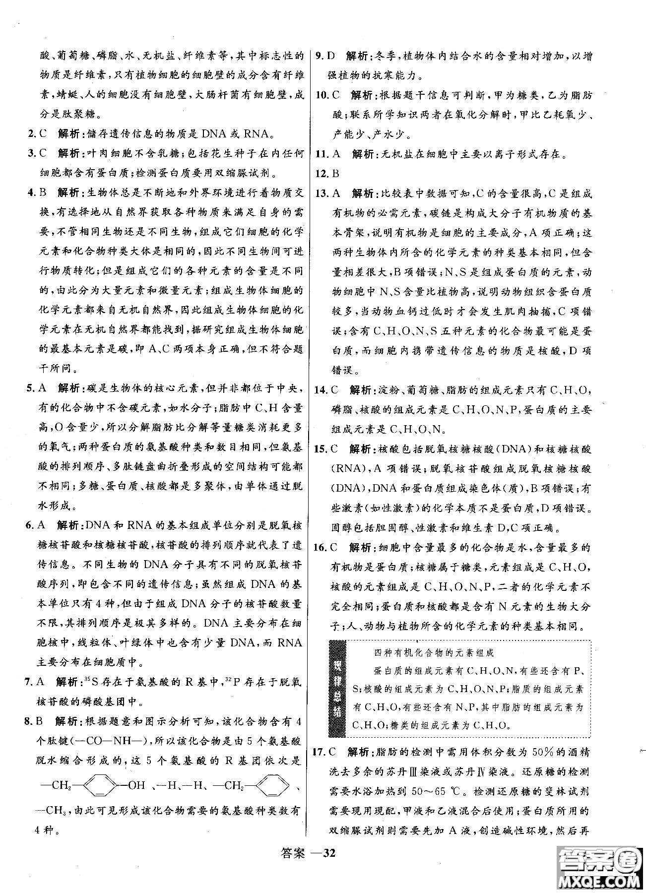 2018高中同步測控優(yōu)化訓(xùn)練生物必修1人教版RJ參考答案