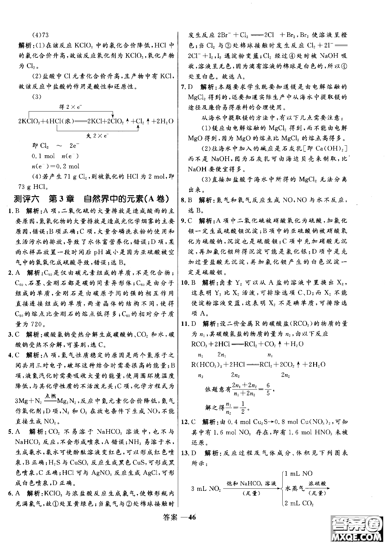 2018年高中同步測控測優(yōu)化練化學魯科版必修1參考答案