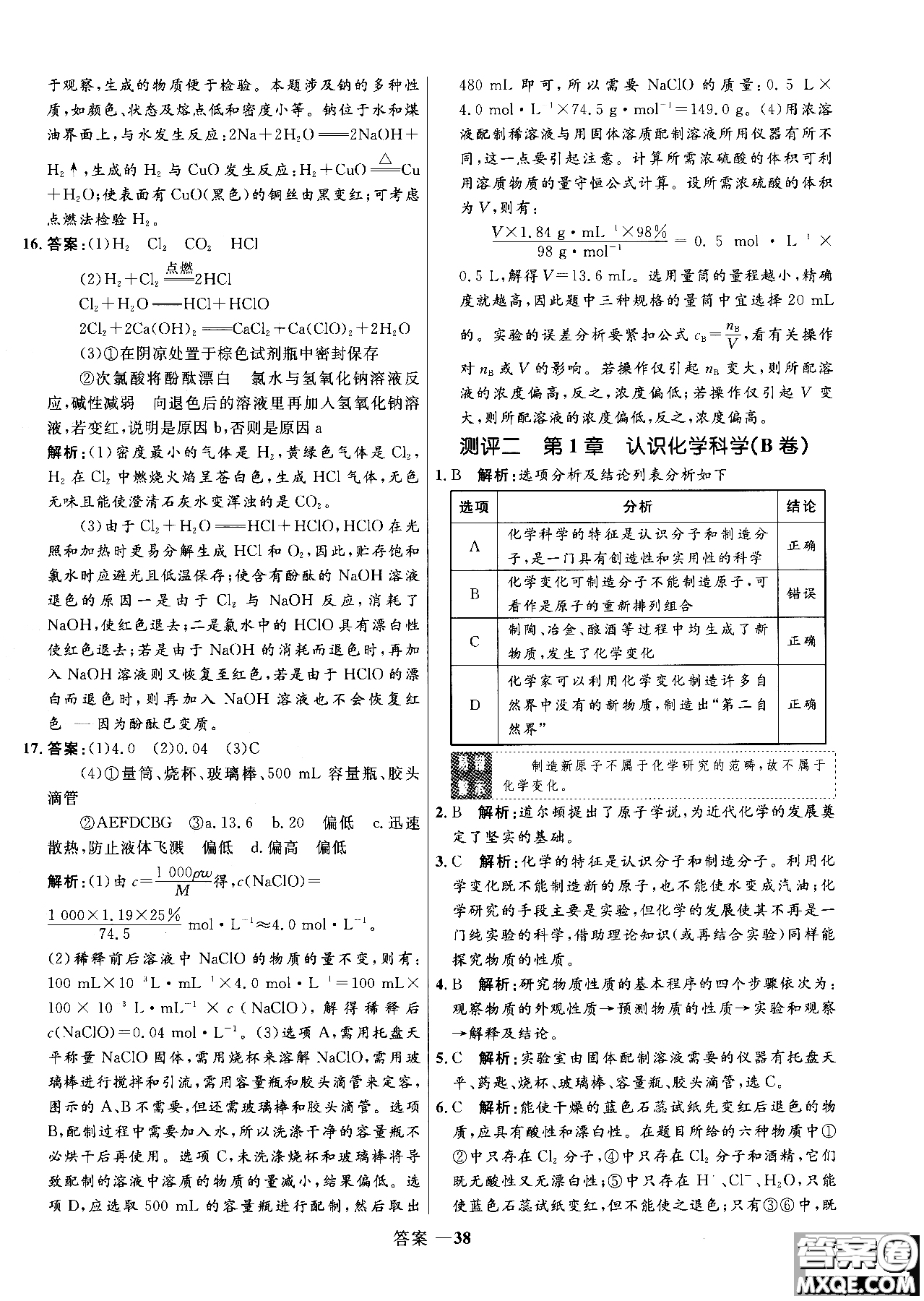 2018年高中同步測控測優(yōu)化練化學魯科版必修1參考答案