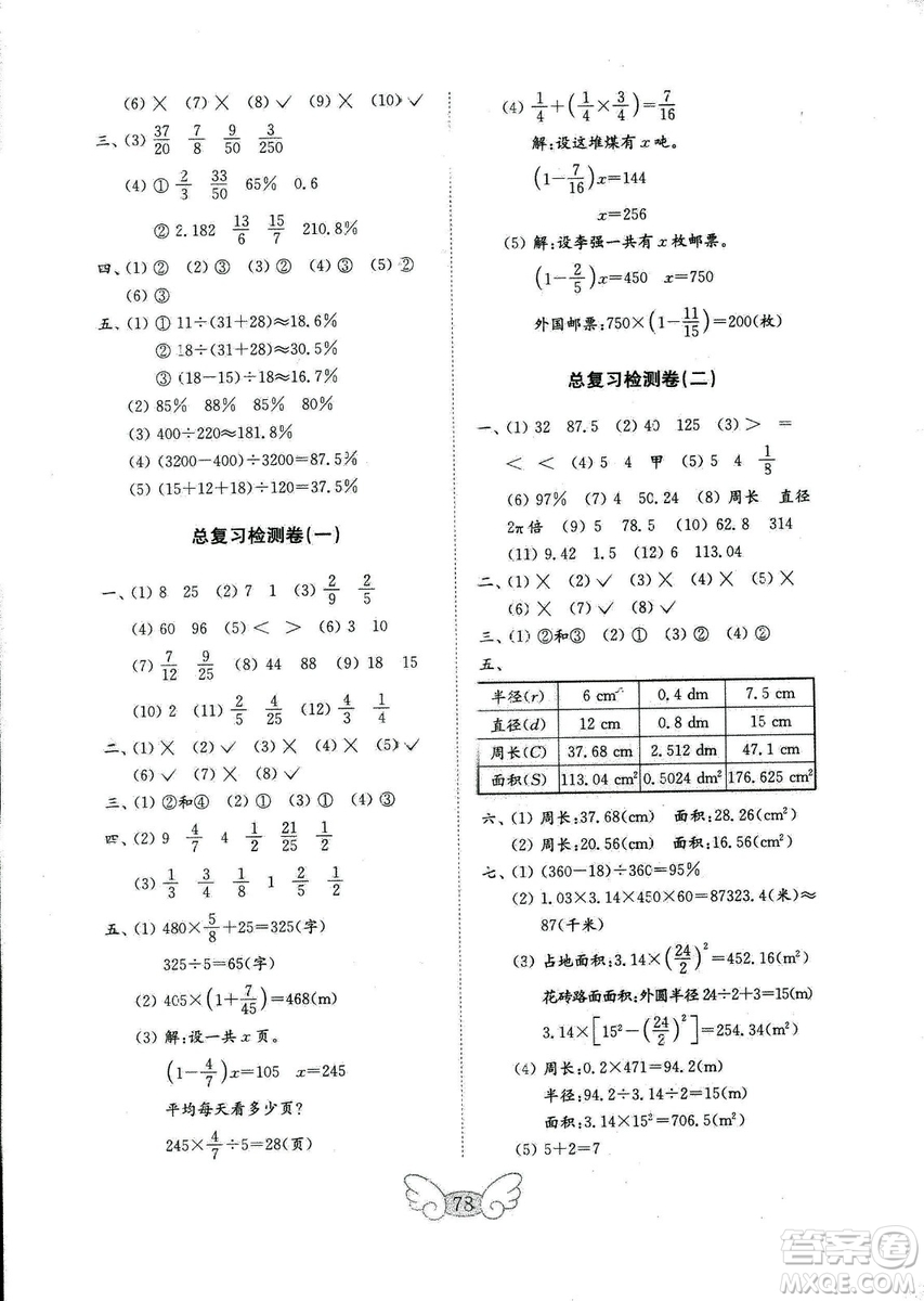 2018年金鑰匙小學(xué)數(shù)學(xué)試卷六年級上冊青島版參考答案