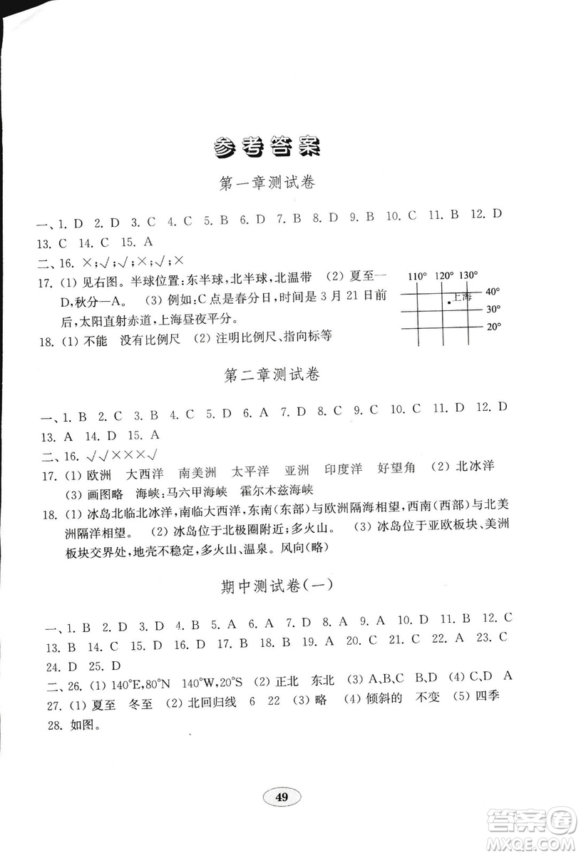 2018秋金鑰匙地理試卷五四制魯教版六年級(jí)上冊(cè)參考答案